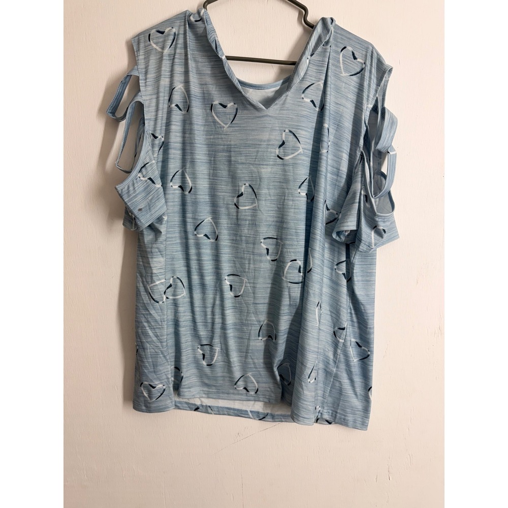 Blue Heart Print Cold Shoulder Top Multi Strap Cutout Short Sleeve V-Neck Tee